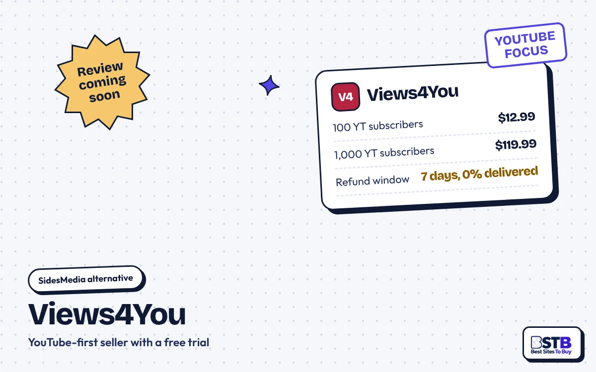 SidesMedia alternative Views4You: 100 YouTube subscribers for $12.99, 1,000 for $119.99, 7-day refund window