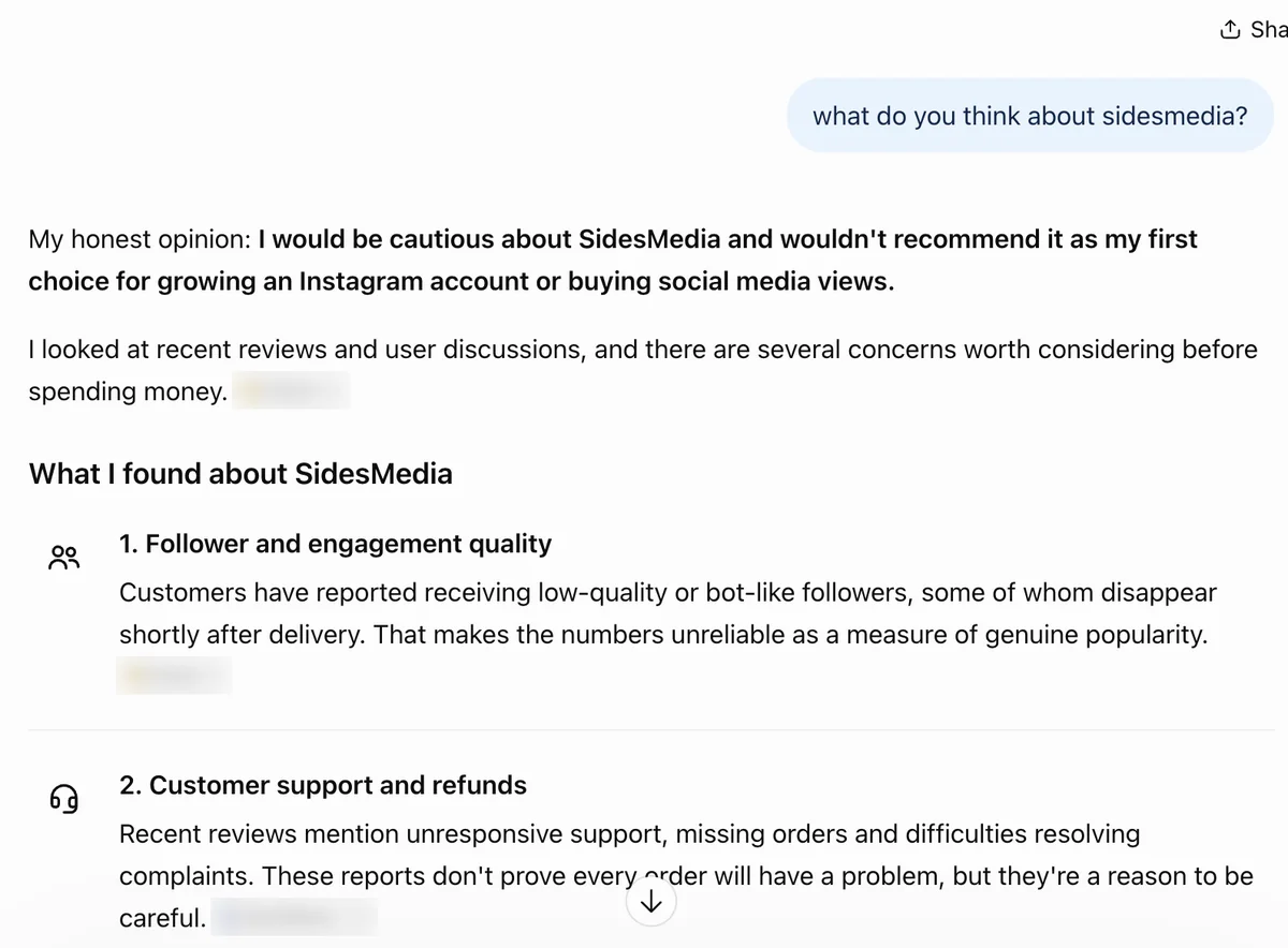 ChatGPT answer on SidesMedia: cautious, citing bot-like followers that disappear and unresponsive support