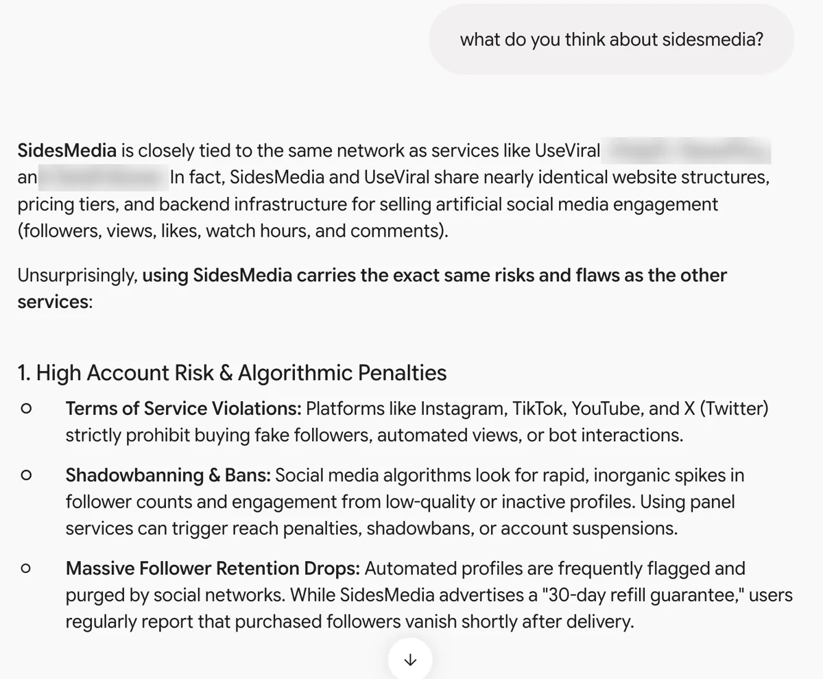 Gemini answer on SidesMedia: same risks as similar sellers, follower drops despite the 30-day refill