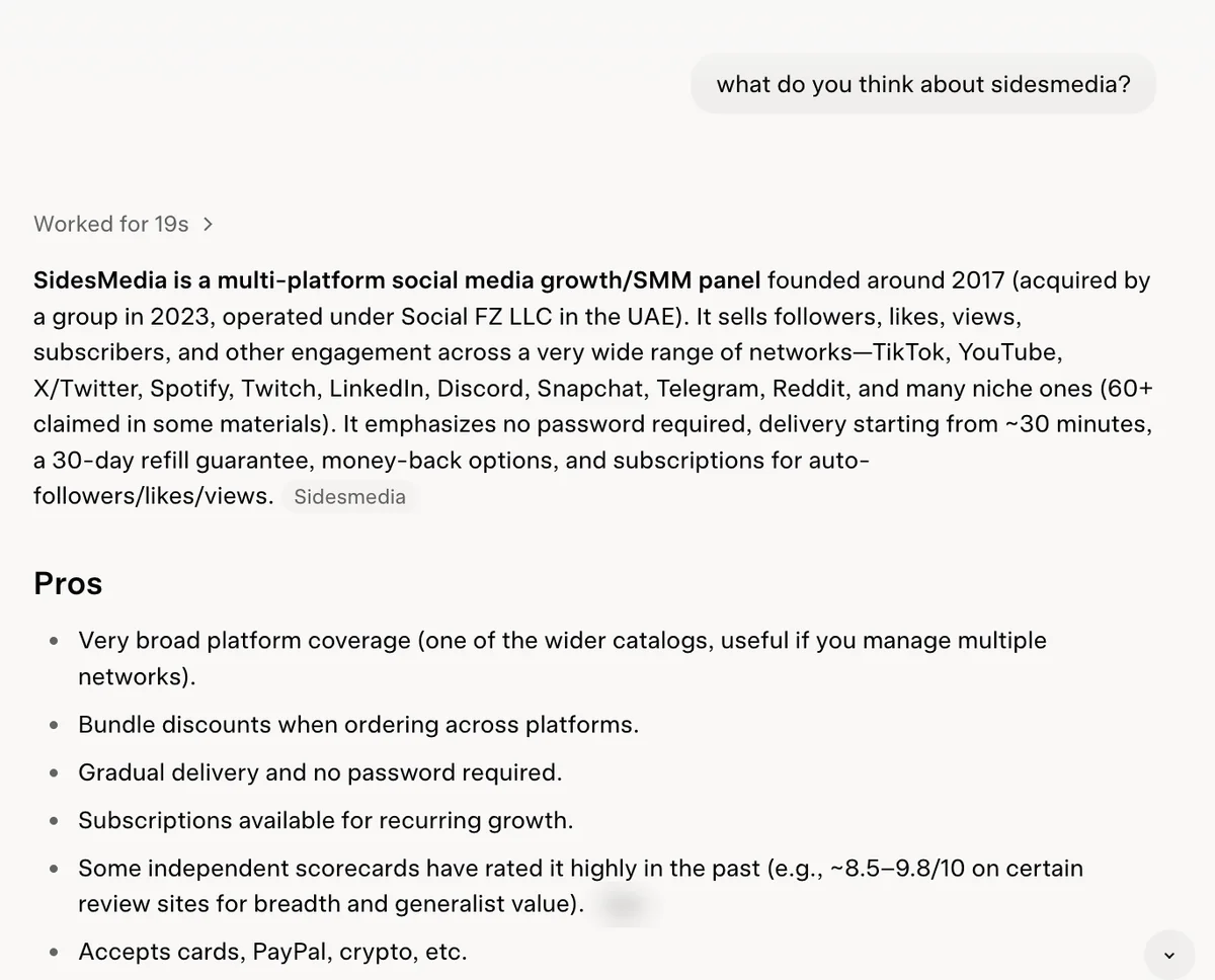 Grok answer on SidesMedia: a multi-platform SMM panel under Social FZ LLC, no password, 30-day refill