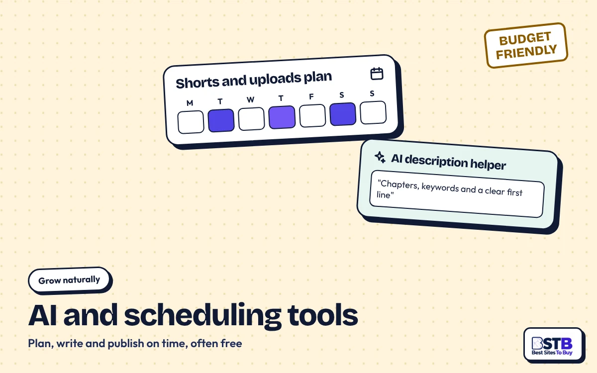 Grow without SidesMedia: a Shorts and uploads calendar with an AI description helper, stamped Budget friendly