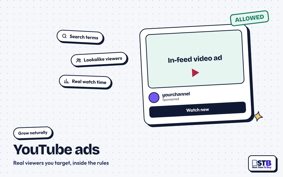Grow without SidesMedia: an in-feed YouTube video ad with search, lookalike and watch-time chips, stamped Allowed