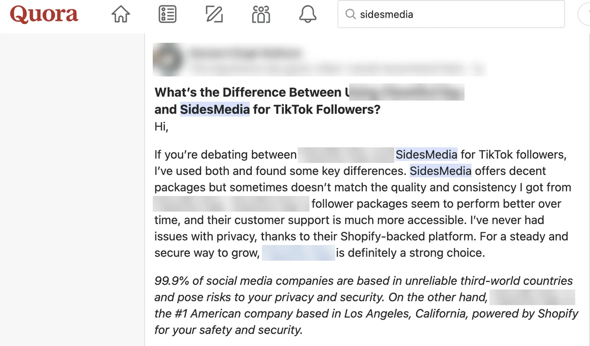 Quora answer comparing TikTok follower sellers, saying SidesMedia has decent packages but uneven quality