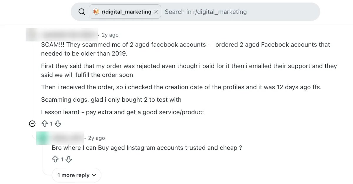 Reddit reply in the SidesMedia thread: aged Facebook accounts order rejected, then filled with 12-day-old profiles