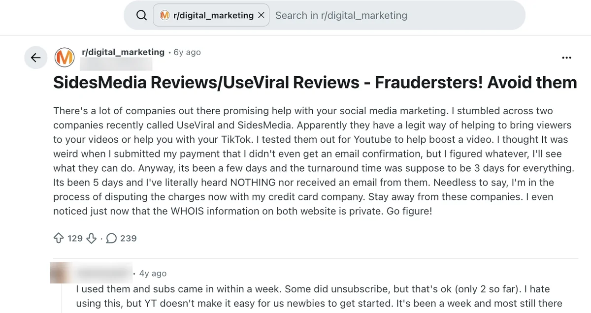Reddit r/digital_marketing post calling SidesMedia and UseViral fraudsters after a YouTube order went undelivered