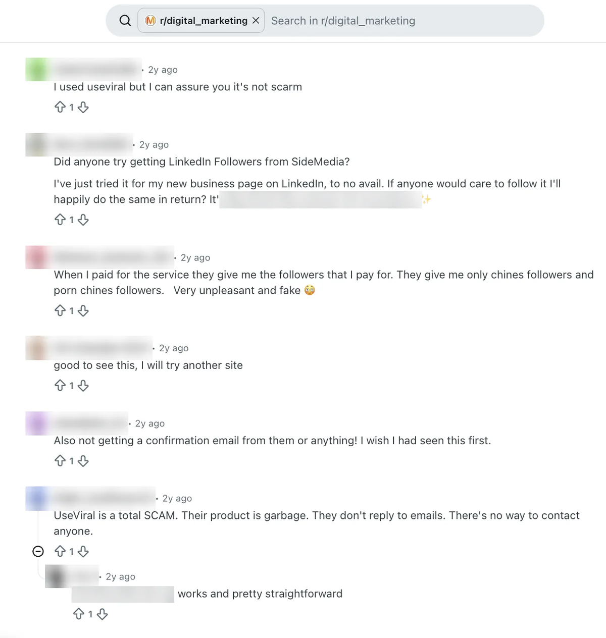 Reddit replies on SidesMedia: LinkedIn followers not delivered, fake-looking followers, no confirmation email