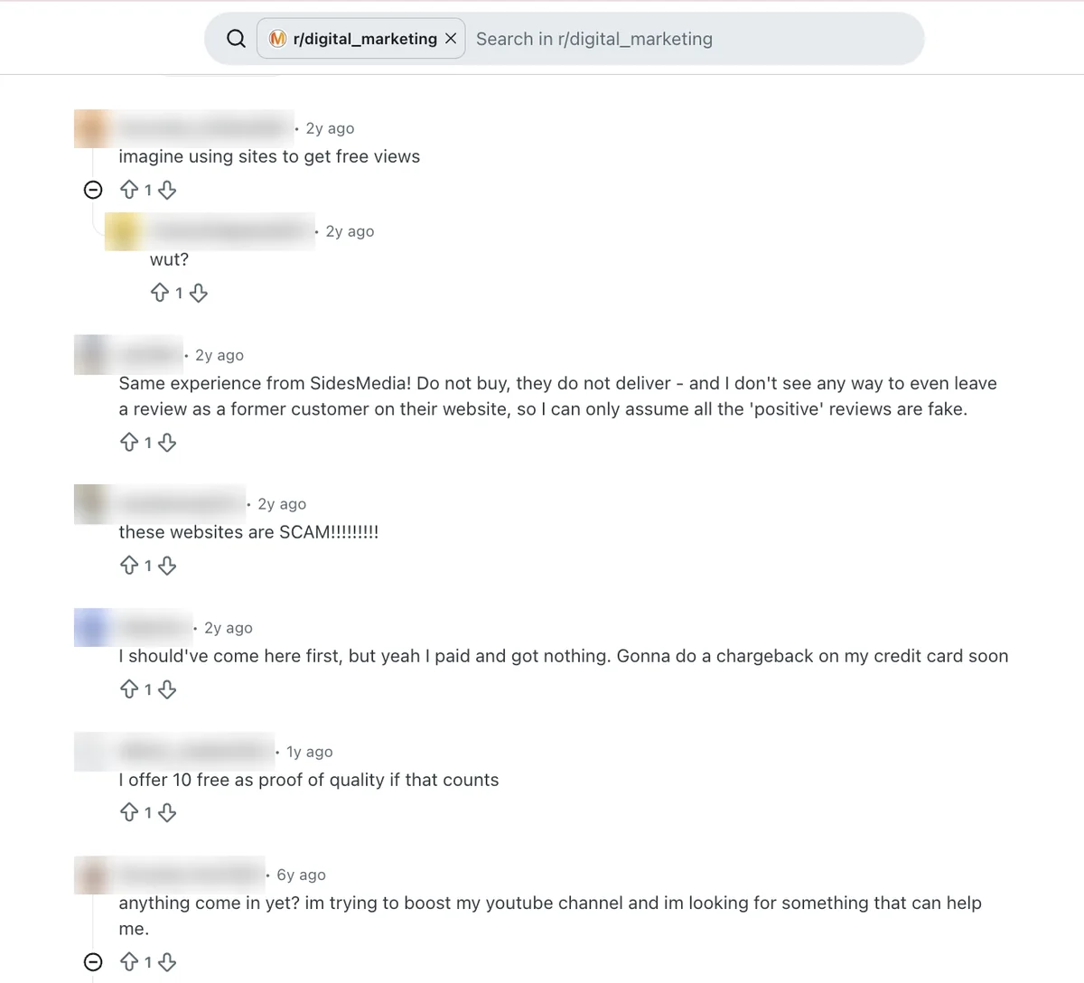 Reddit replies saying SidesMedia does not deliver and a buyer paid, got nothing and planned a chargeback
