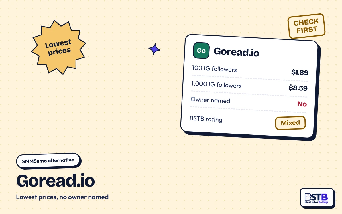 SMMSumo alternative Goread.io: $1.89 for 100 Instagram followers, $8.59 for 1,000, no owner named, rated Mixed