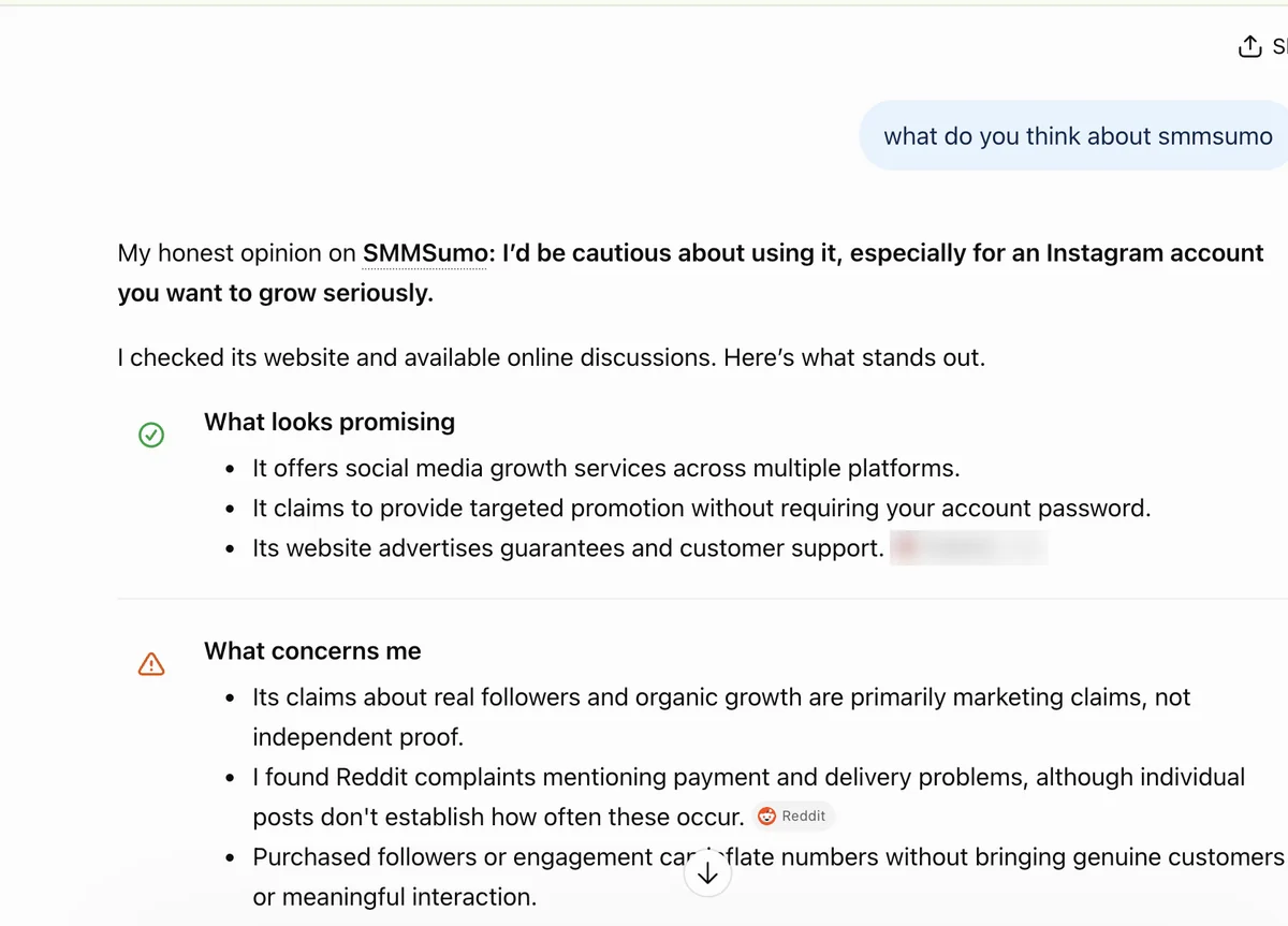 ChatGPT answer on SMMSumo: cautious, calling real-follower claims marketing rather than independent proof