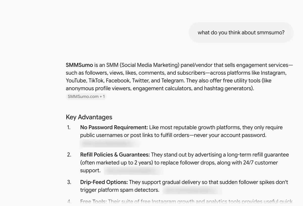 Gemini answer on SMMSumo: an SMM panel with free tools, no password, long refill and drip-feed delivery