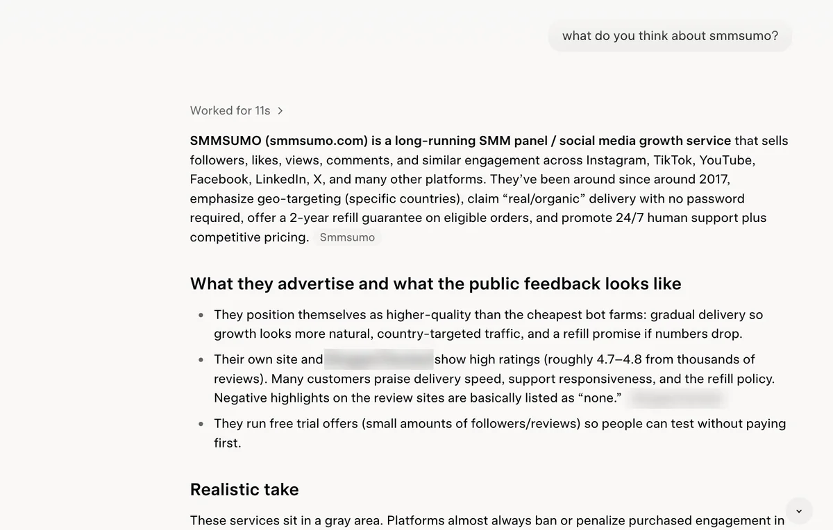 Grok answer on SMMSumo: a long-running SMM panel since about 2017 that sits in a gray area