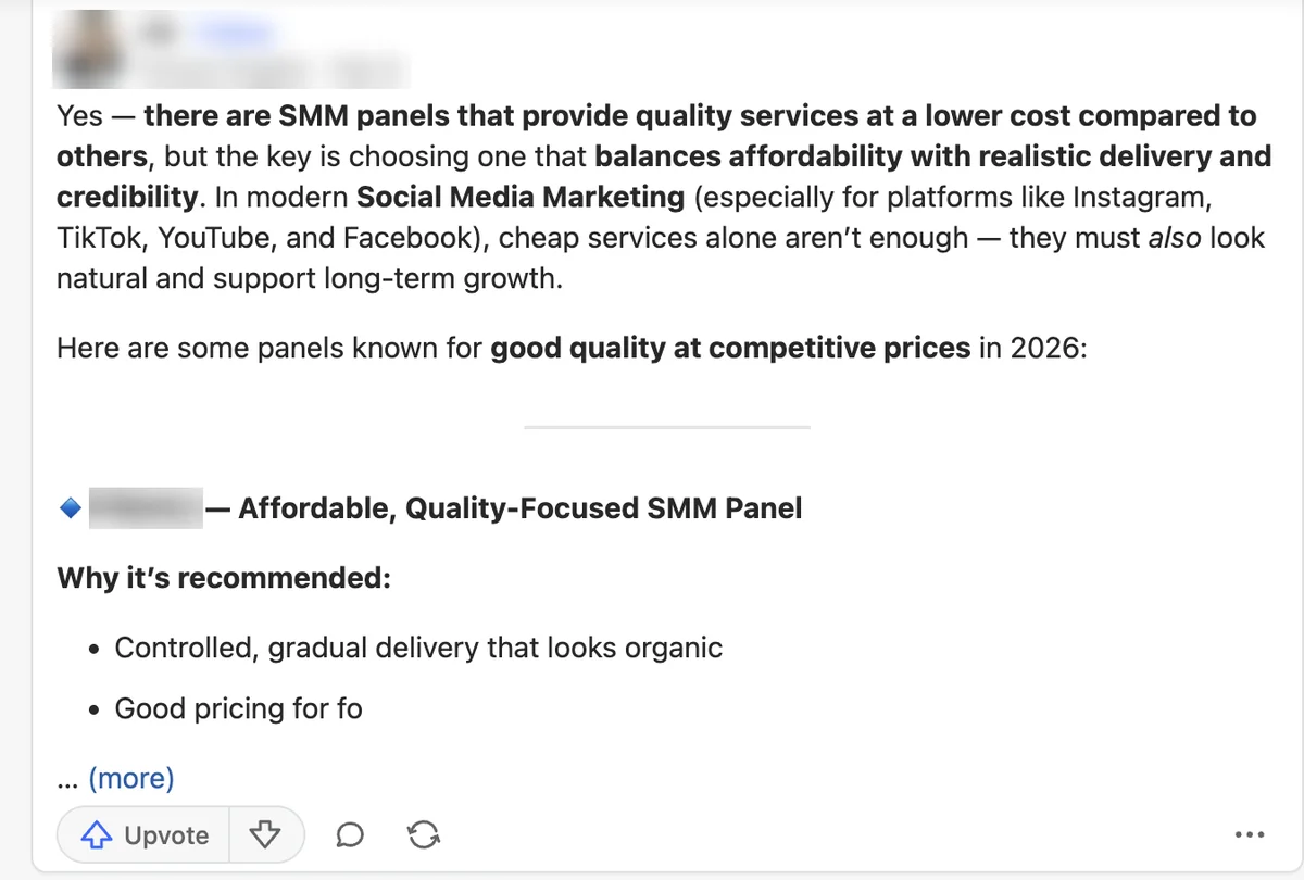 Promotional Quora answer on low-cost SMM panels recommending a different panel; SMMSumo not named