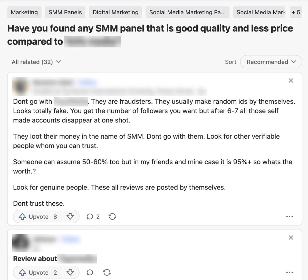 Quora answer calling another SMM panel fraudsters whose followers vanished; SMMSumo not named, panel name blurred