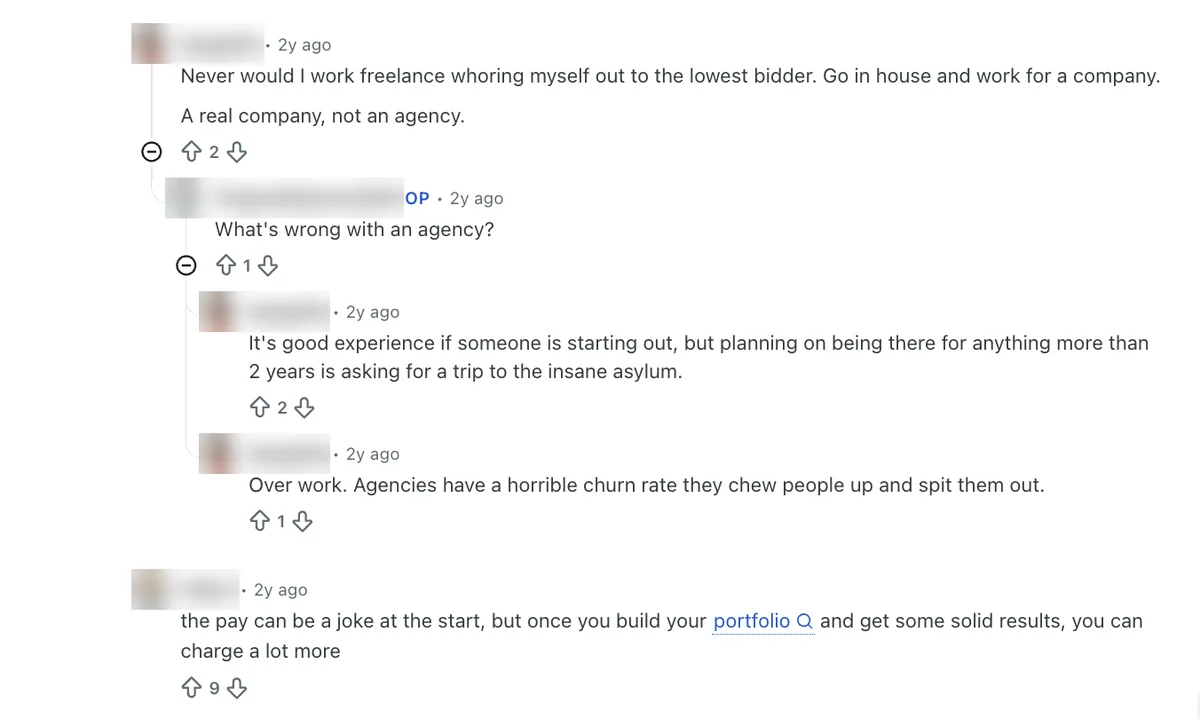 Reddit replies on social media manager jobs, in-house vs agency, from a thread shown for SMMSumo searches