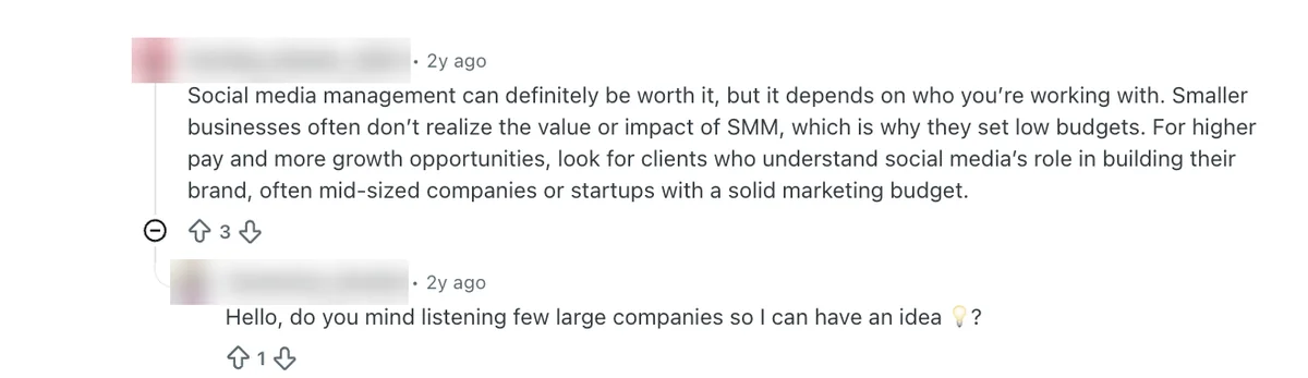 Reddit reply saying mid-sized companies value social media management more, from a thread shown for SMMSumo