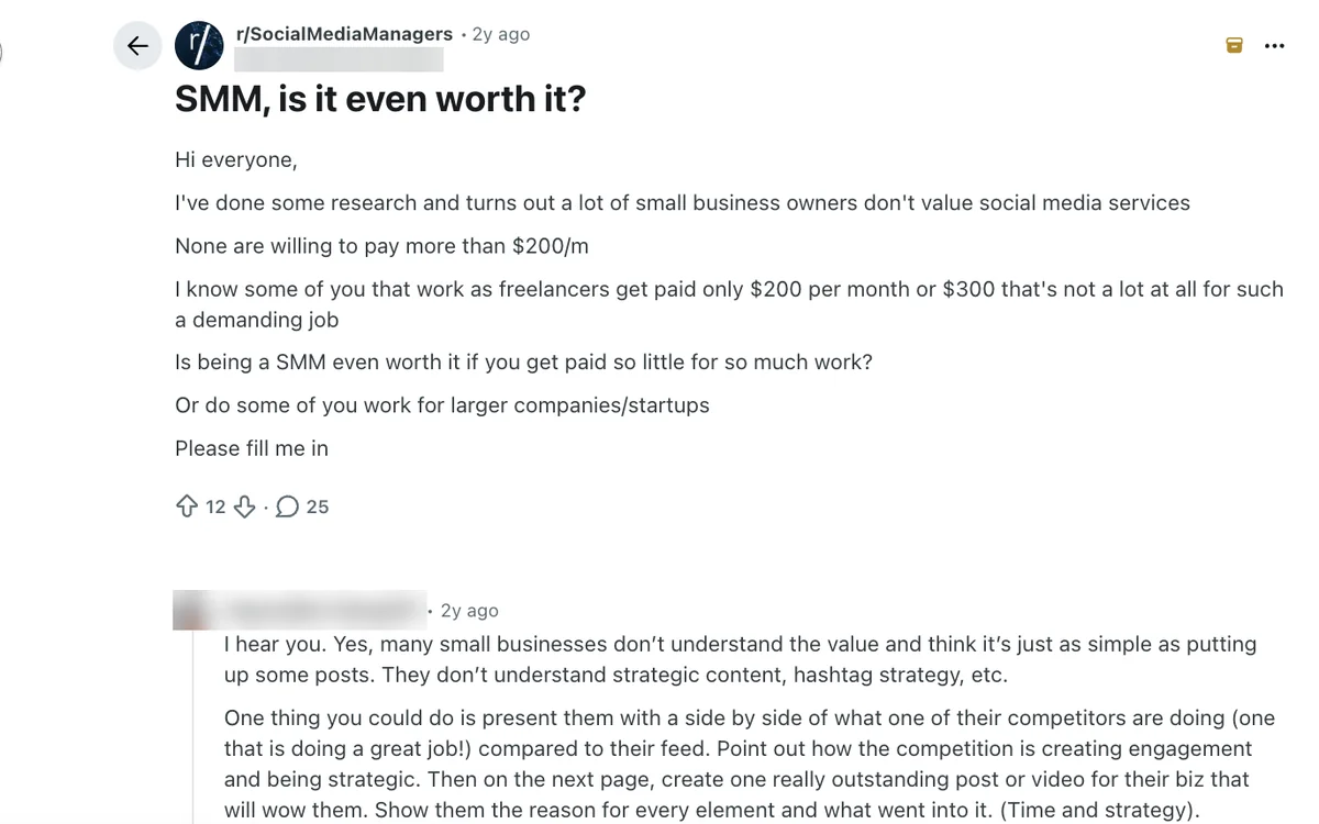 Reddit r/SocialMediaManagers post on social media manager pay, shown for SMMSumo searches; SMMSumo not named