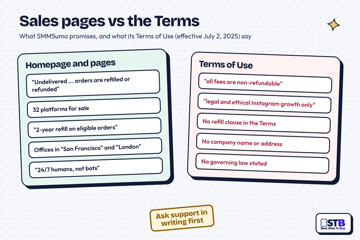 SMMSumo sales pages vs Terms: refunds promised but fees non-refundable, Instagram-only Terms, no company named