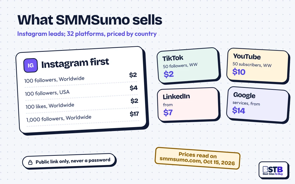 What SMMSumo sells: Instagram followers and likes first, then TikTok, YouTube, LinkedIn and Google services