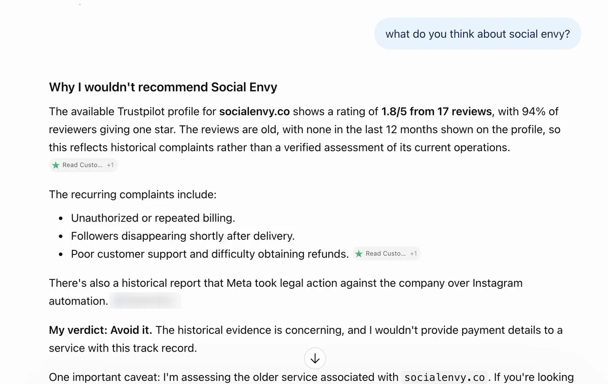 ChatGPT answer on Social Envy: would not recommend it, citing a 1.8 Trustpilot score, billing complaints and Meta action