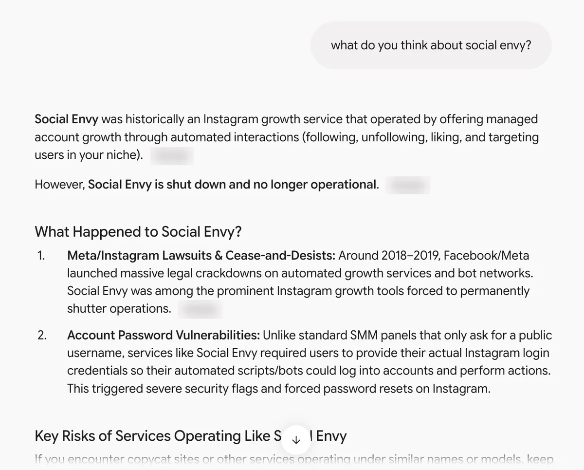 Gemini answer on Social Envy: historically automated managed growth, now shut down, and it needed Instagram logins