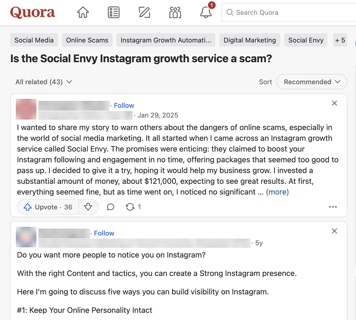 Quora question "Is the Social Envy Instagram growth service a scam?" with an answer claiming a $121,000 loss