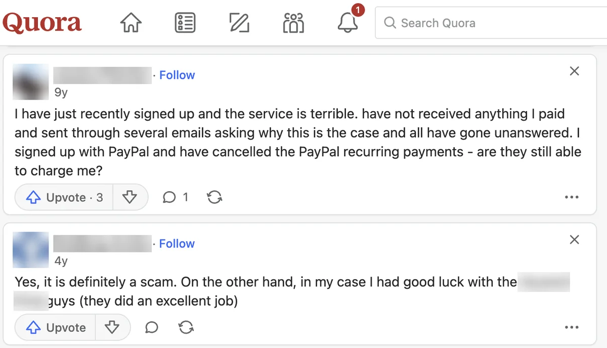 Quora answers on Social Envy: nothing received, unanswered emails, cancelled PayPal payments, and a reply calling it a scam