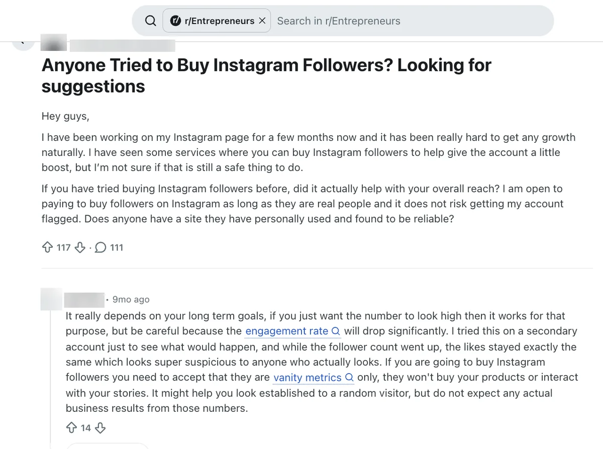 Reddit r/Entrepreneurs thread on buying Instagram followers in general, not Social Envy, with a reply on engagement rate