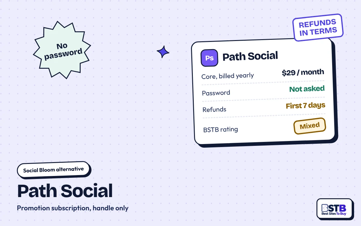 Social Bloom alternative Path Social: $29 a month billed yearly, handle only, refunds in first 7 days