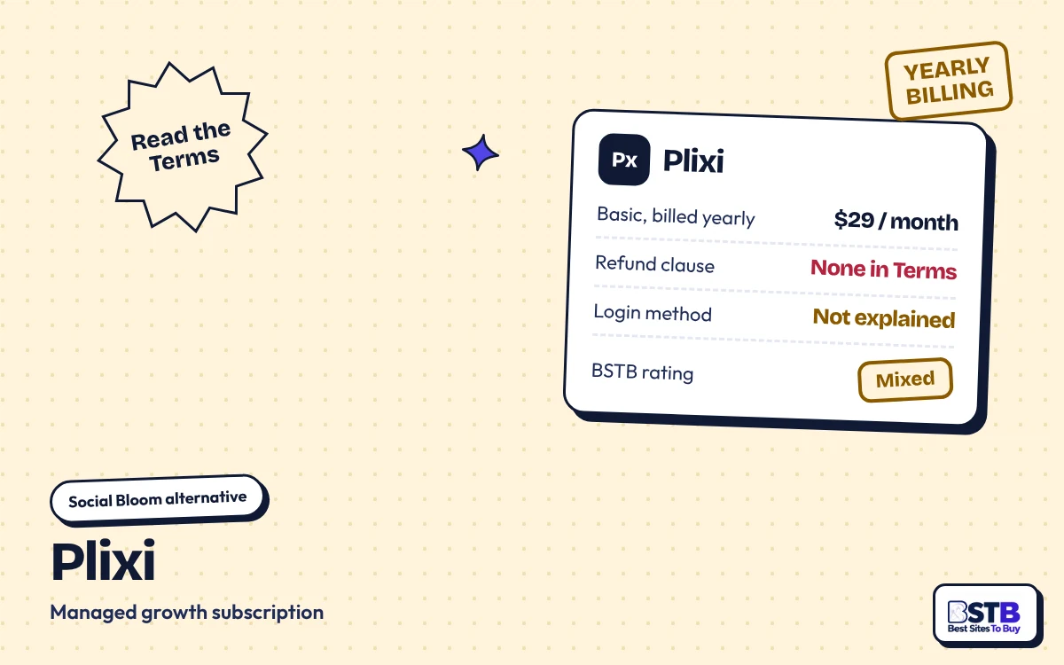 Social Bloom alternative Plixi: $29 a month billed yearly, no refund clause in Terms, rated Mixed