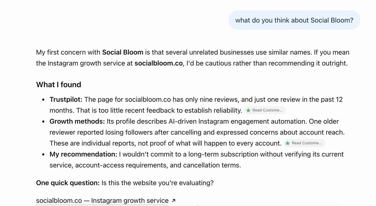 ChatGPT answer on Social Bloom: similar names, thin Trustpilot profile for socialbloom.co, avoid long subscriptions