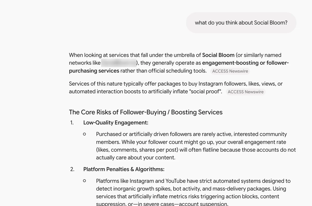 Gemini answer grouping Social Bloom with a similarly named seller and listing follower-buying risks