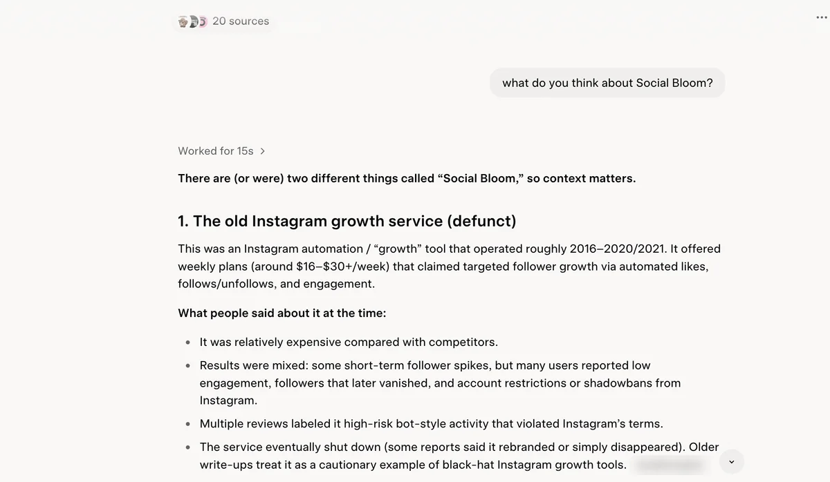 Grok answer on Social Bloom: a defunct Instagram growth service with weekly plans and mixed results