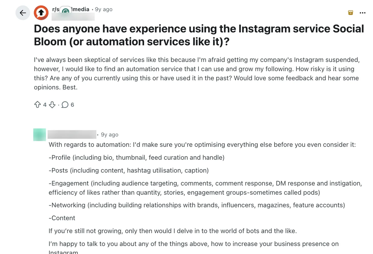 Reddit r/socialmedia post asking about experience with the Instagram service Social Bloom and the risk of suspension