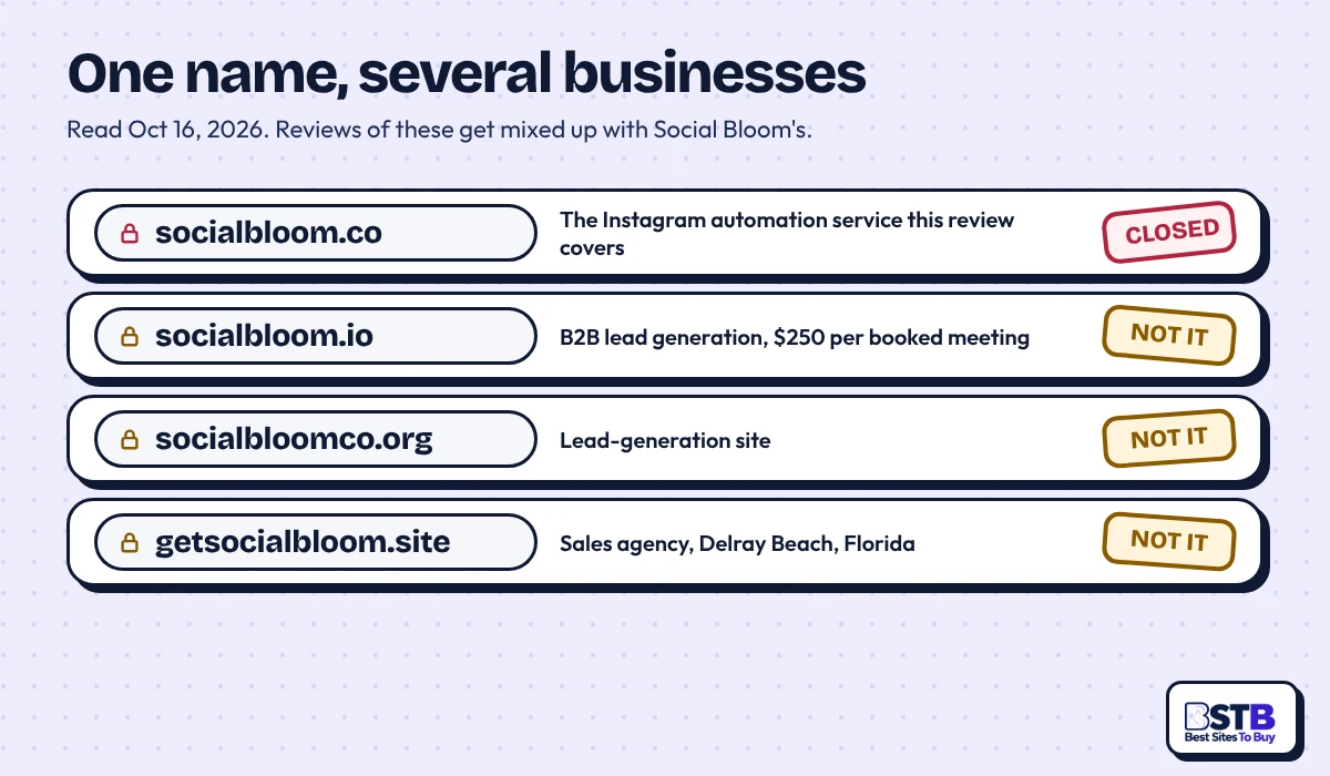 Social Bloom name confusion: socialbloom.co was the Instagram service; socialbloom.io and others are unrelated