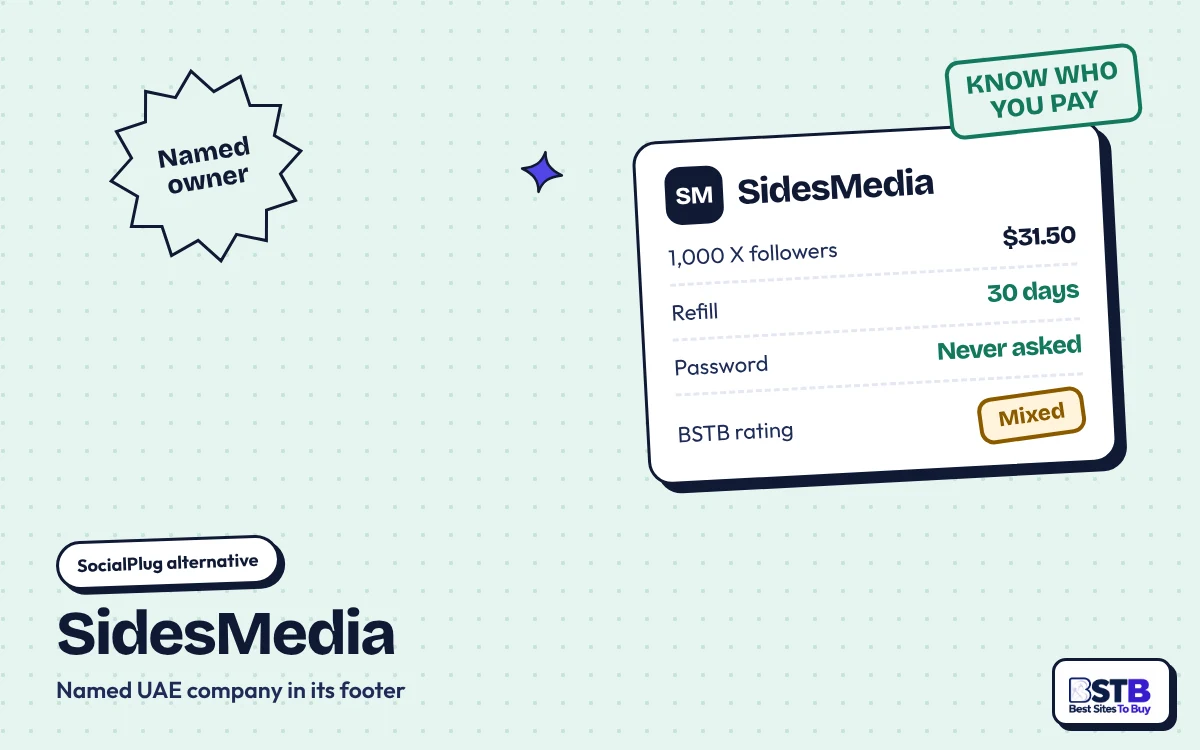 SidesMedia: SocialPlug Alternative With a Named Owner SocialPlug alternative SidesMedia: 1,000 X followers for $31.50, 30-day refill, named UAE company, Mixed