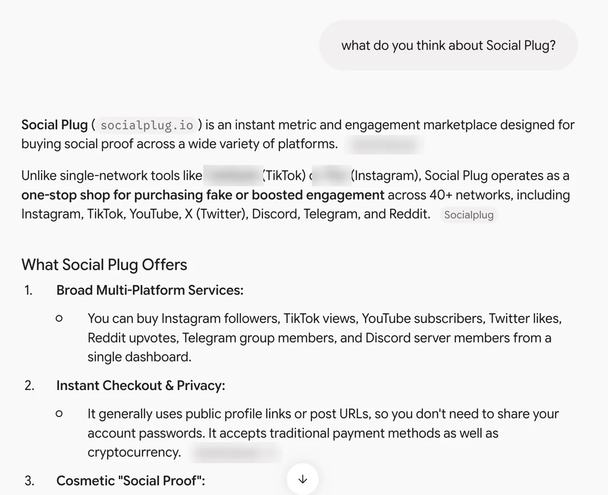 What Gemini Says About SocialPlug Gemini answer on SocialPlug: a one-stop shop for boosted engagement using public links and no passwords