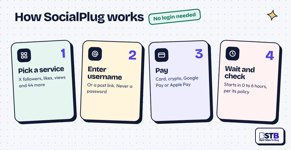 How SocialPlug Works in Four Steps How SocialPlug works in 4 steps: pick a service, enter a username or link, pay, then wait 0 to 6 hours