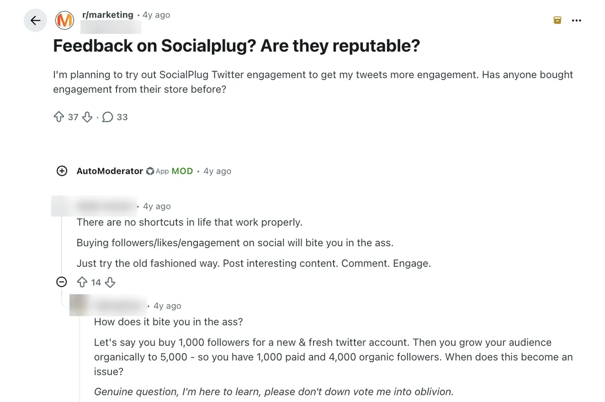 Reddit: Is SocialPlug Reputable? Reddit r/marketing thread asking if SocialPlug is reputable before buying Twitter engagement
