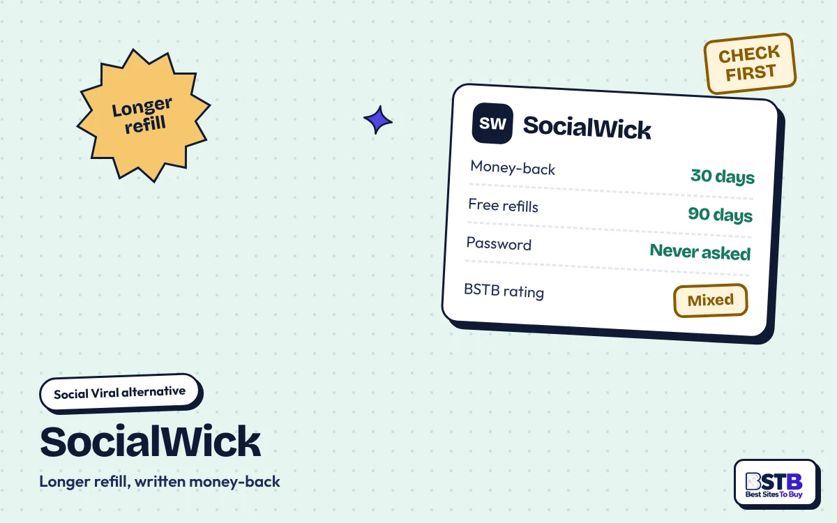 SocialWick: Social Viral Alternative With a Longer Refill Social Viral alternative SocialWick: 90-day free refills, 30-day money-back guarantee, no password, rated Mixed