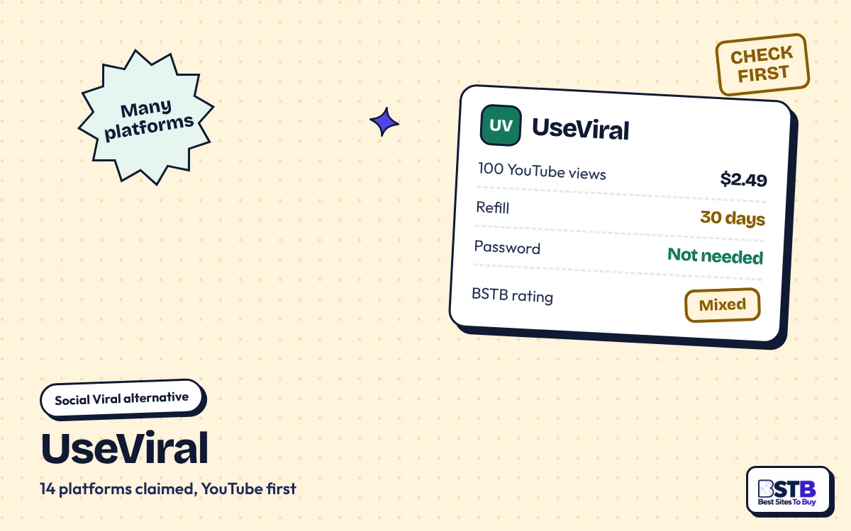 UseViral: Social Viral Alternative for YouTube Social Viral alternative UseViral: 100 YouTube views for $2.49, 30-day refill, no password, rated Mixed