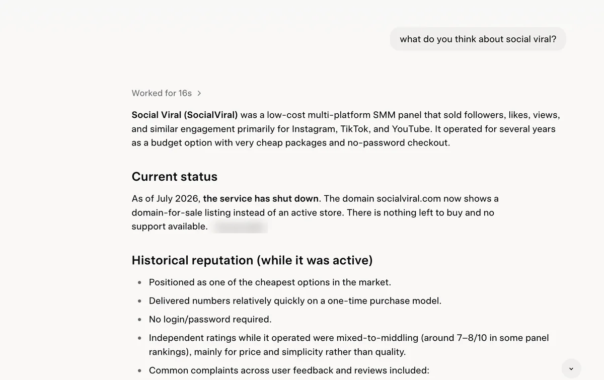 What Grok Says About socialviral.com Grok answer about socialviral.com, a similar name: service shut down and domain shows a for-sale listing