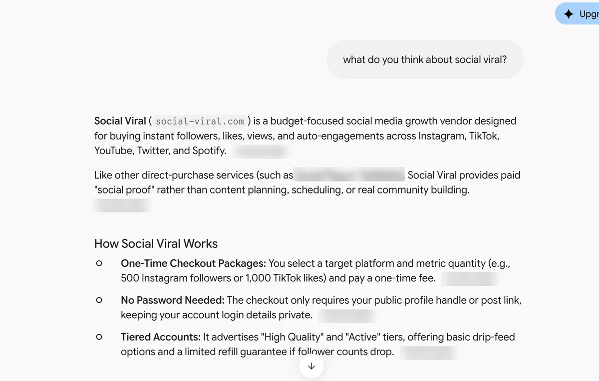 What Gemini Says About Social Viral Gemini answer on Social Viral at social-viral.com: a budget, no-password seller with High Quality and Active tiers