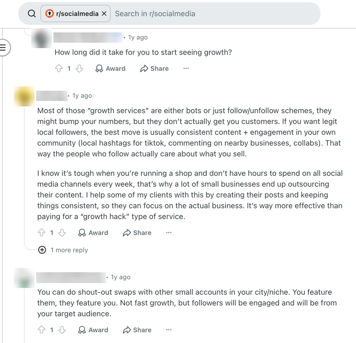 Reddit: Growth Services Are Bots or Follow/Unfollow Reddit r/socialmedia reply saying most growth services are bots or follow/unfollow schemes; Social Viral not named