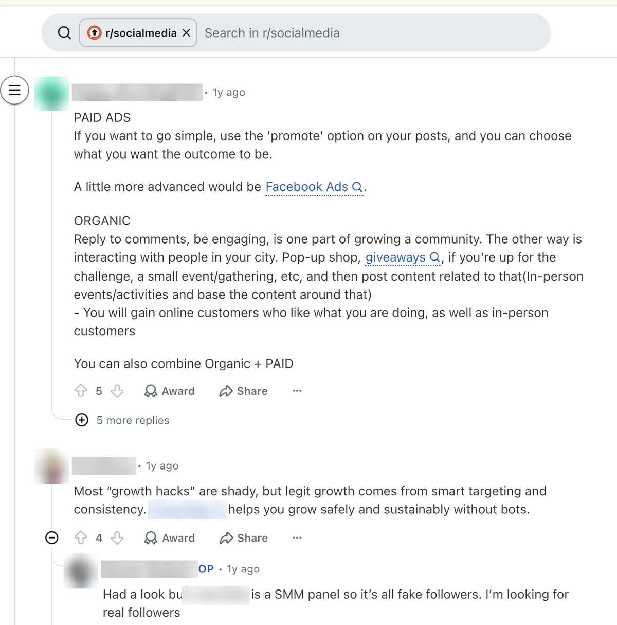 Reddit: Paid Ads or Organic Instead of Panels Reddit r/socialmedia replies suggesting paid ads and organic growth over fake-follower panels