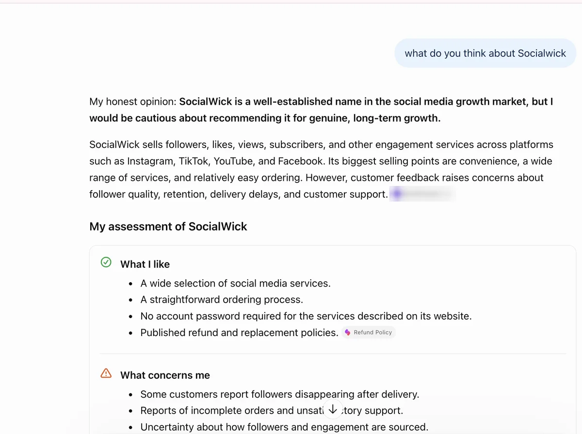 ChatGPT answer on SocialWick: well-established but cautious for long-term growth, flags retention and support