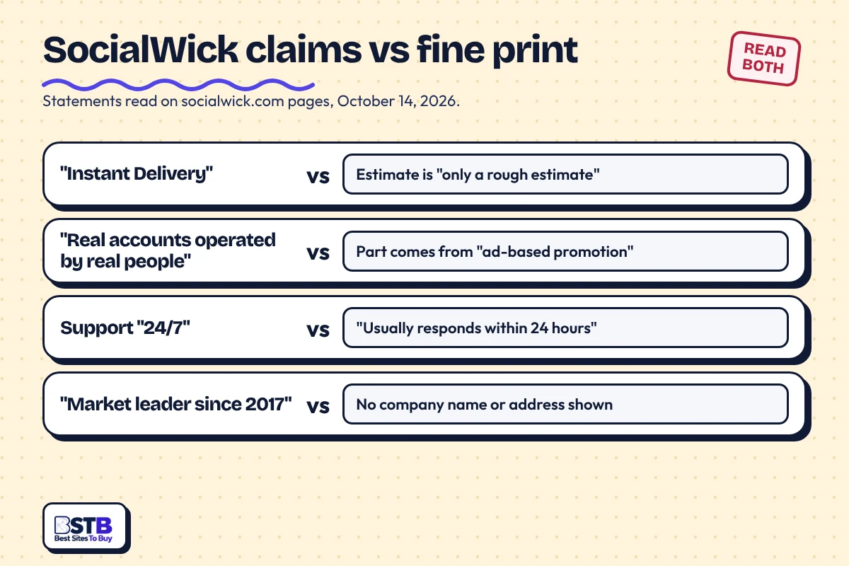 SocialWick claims vs fine print: instant delivery, real people, 24/7 support and market leader, each with a caveat