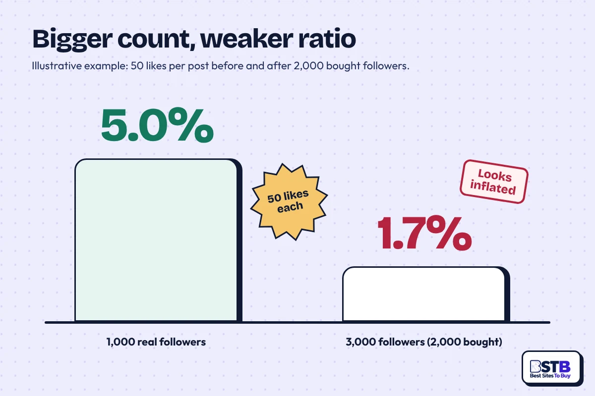 Chart: engagement rate falls from 5.0% to 1.7% after adding 2,000 bought SocialWick-style followers to 1,000 real ones
