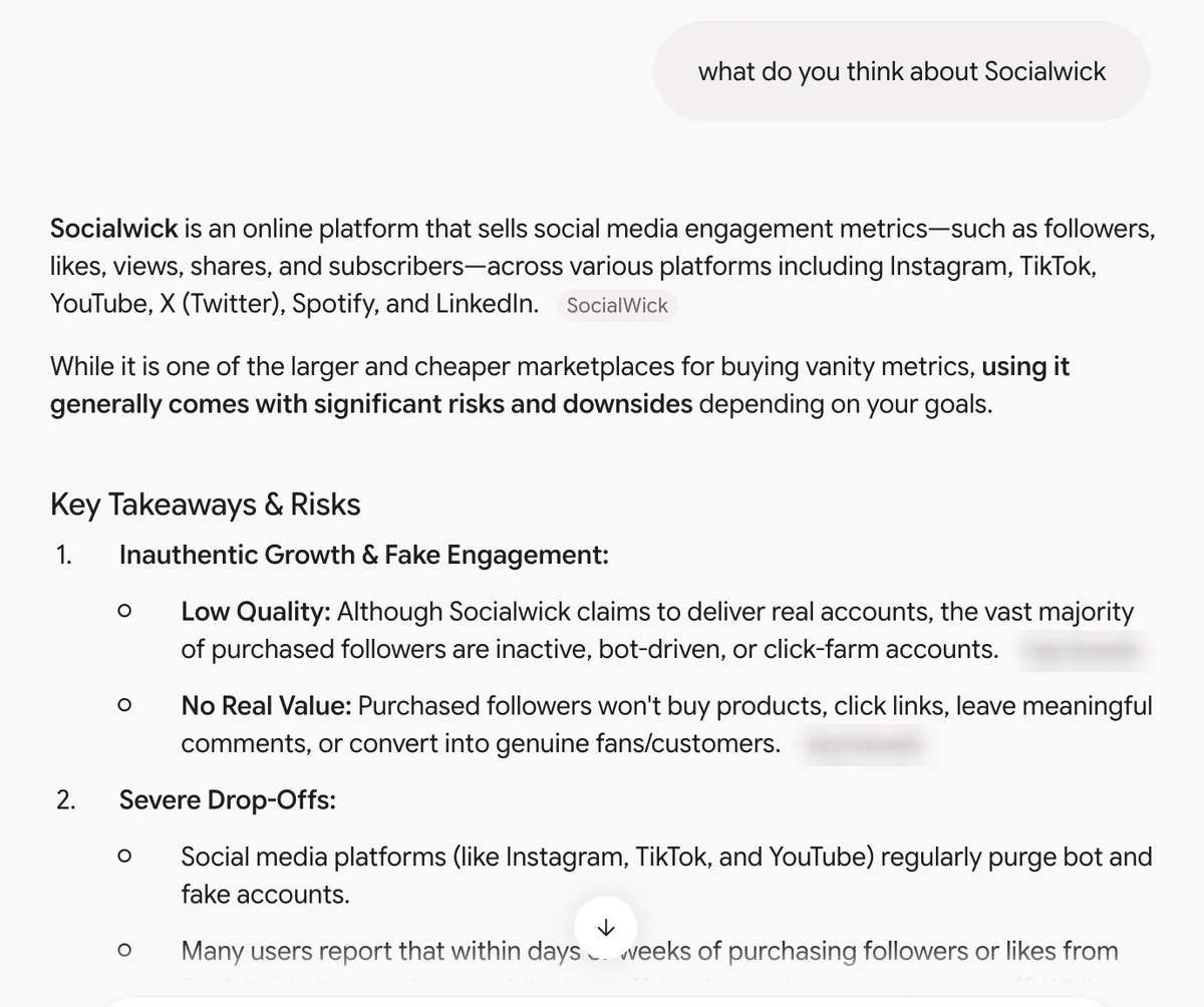 Gemini answer on SocialWick: a large, cheap vanity-metrics marketplace with significant risks and drop-offs