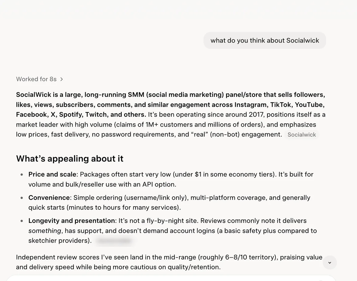 Grok answer on SocialWick: a large, long-running SMM store since around 2017 that does not demand logins