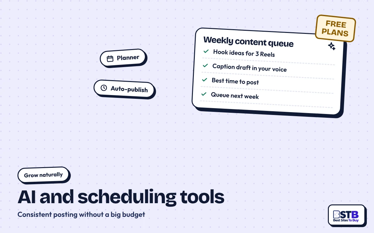 Grow without SocialWick: a weekly content queue with AI hooks, captions and scheduling, stamped Free plans